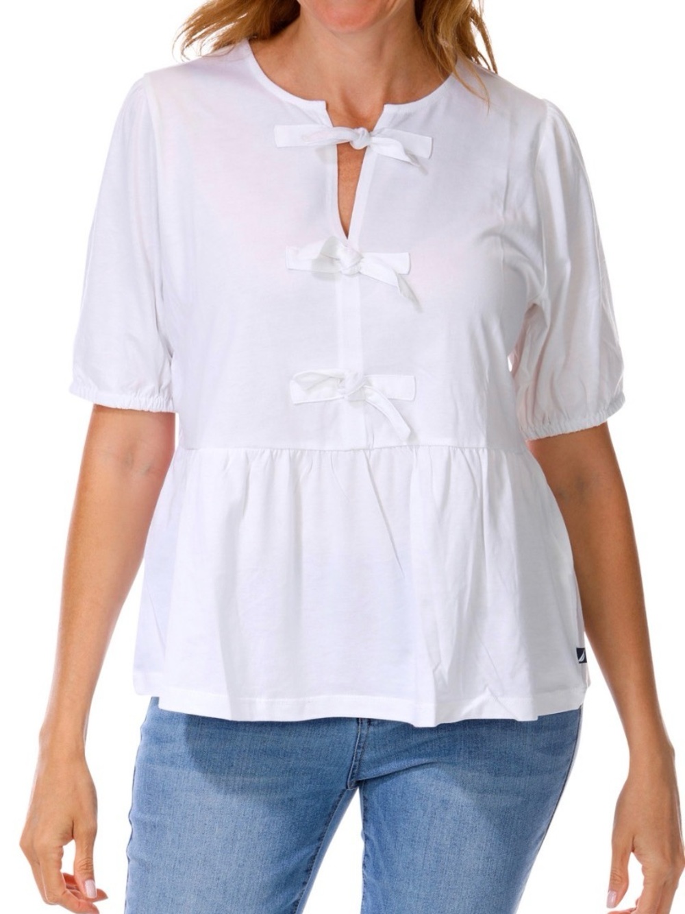 Nautical Jeans’ signature bow blouse with peplum hem - Size Large